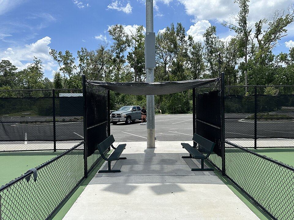Pickleball players rotating courts during open play session